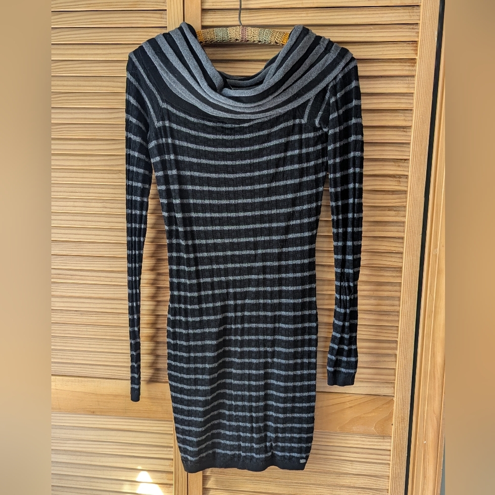 Guess Black and Gray Striped Long Sleeve Dress